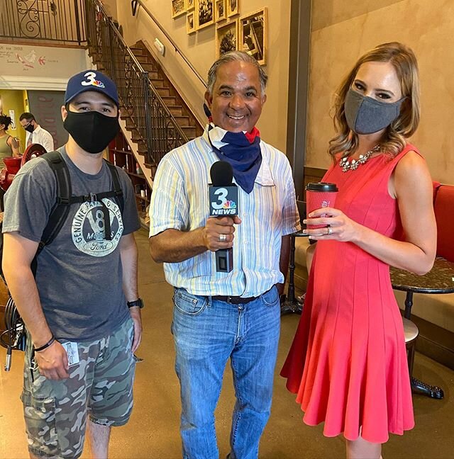 This picture makes me smile!! Thank you to the amazing @laurenlouiseblum @news3lv for speaking with @sambalatte with reactions to the mask wearing from patrons and Dr. @thepublichealthpharmacist on the benefits of masks! Watch tonight at 11pm! #vegas