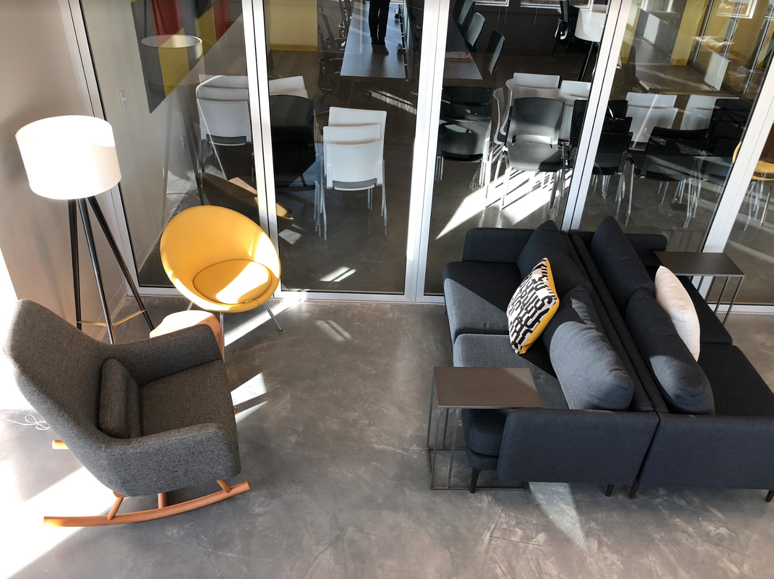 Modern lounge area in 25N Coworking office in Frisco Texas