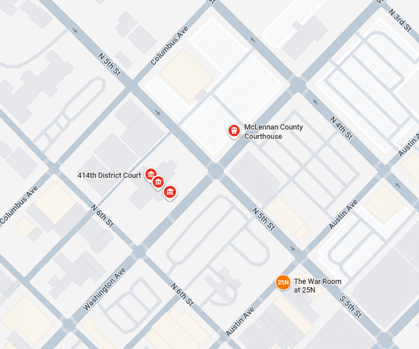 map showing The War Room at 25N in proximity to the Waco courthouses