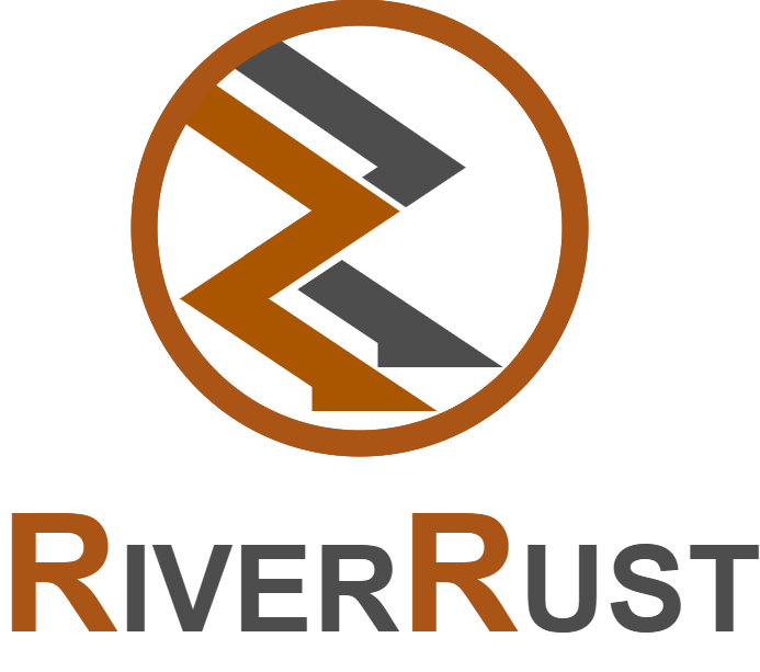 A circular logo with a stylized rust-colored and gray symbol inside, resembling a river or wave, above the text 'RiverRust' with 'RIVER' in gray and 'RUST' in rust color.