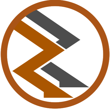 A circular logo with a brown border, featuring a stylized zigzag arrow design in brown and gray inside.