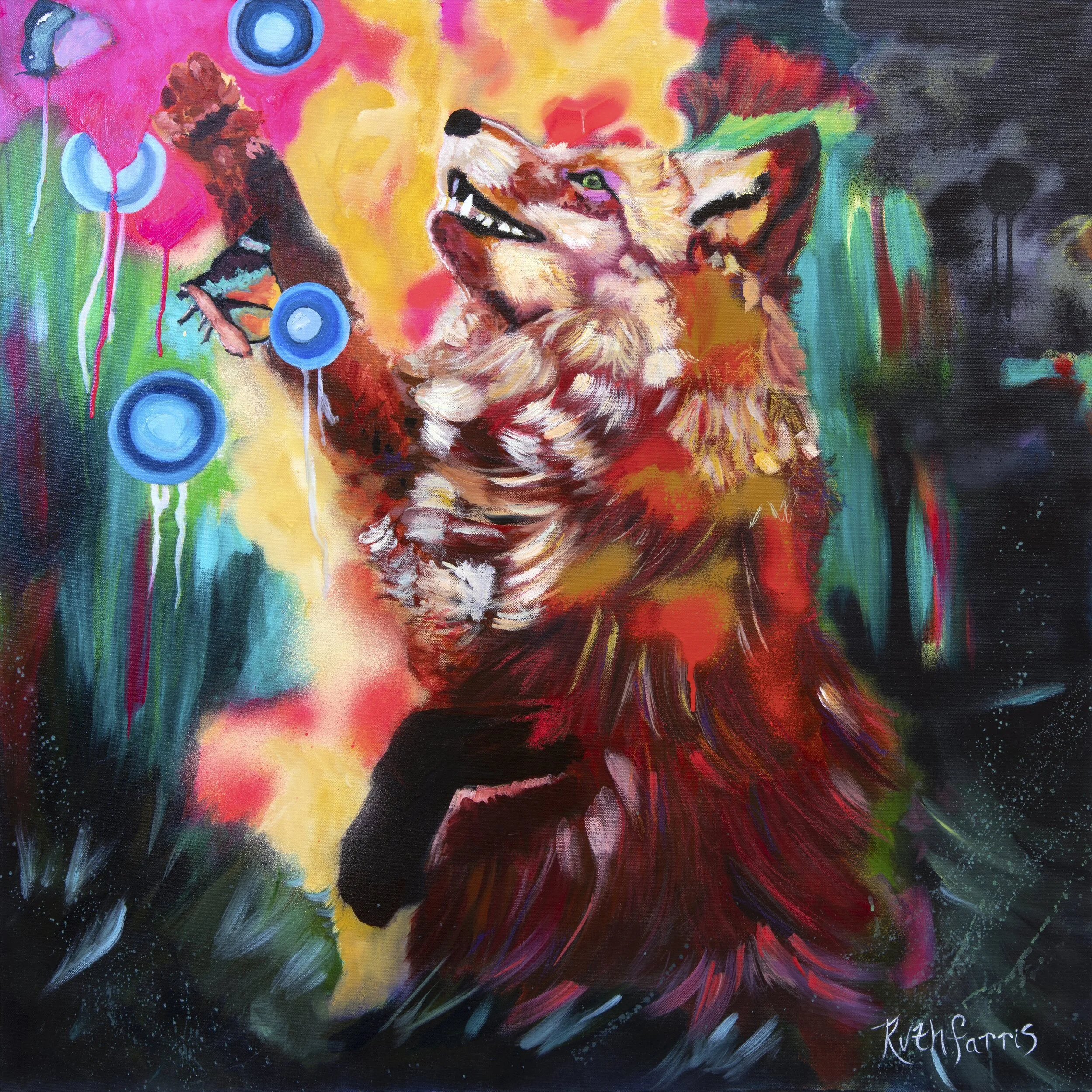 Vibrant abstract painting of a red fox reaching toward the colorful forest.