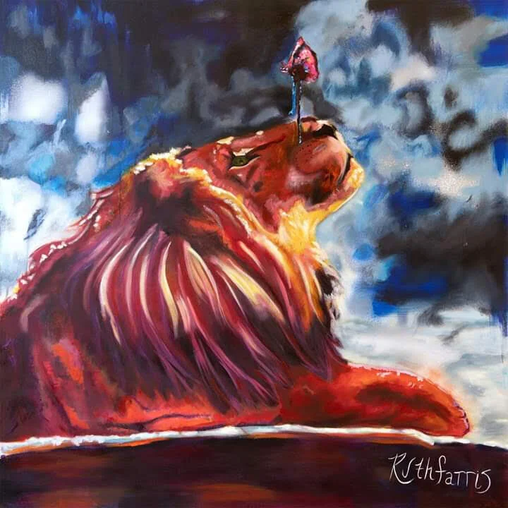 Red and gold lion looking upward toward a butterfly beneath a stormy sky