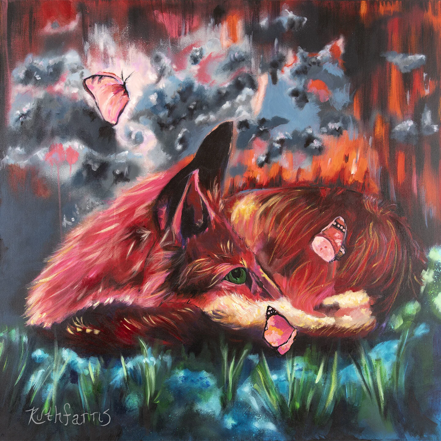 A vibrant painting of a fox with green eyes, surrounded by pink butterflies and a colorful background of clouds in shades of blue, pink, and orange. The artist's signature is in the bottom left corner.