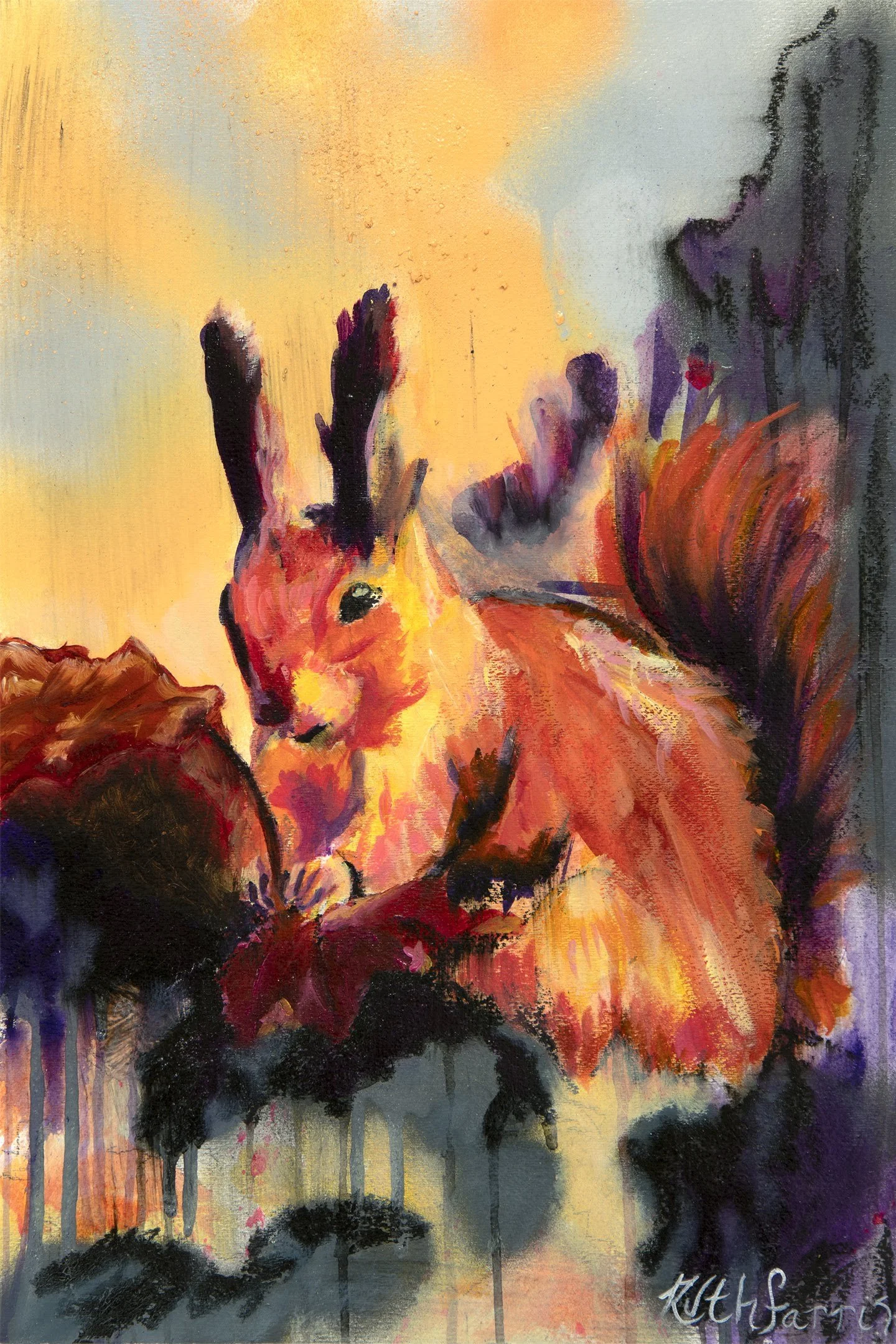An abstract painting of a fox with a vibrant orange coat, black-tipped ears, and an expressive eye. The background features a warm sunset with a blend of yellow, orange, and blue hues, alongside dark silhouettes of trees and a mountain range. The artist's signatureis visible in the bottom right corner.
