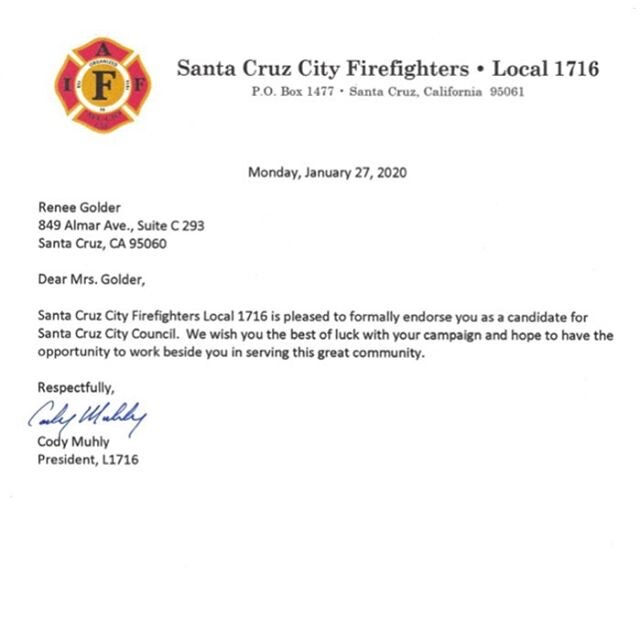 Thank you to our Local 1716 Santa Cruz firefighters for endorsing me. I am proud to be supported by such amazing hardworking civil servants! #voteforgolder