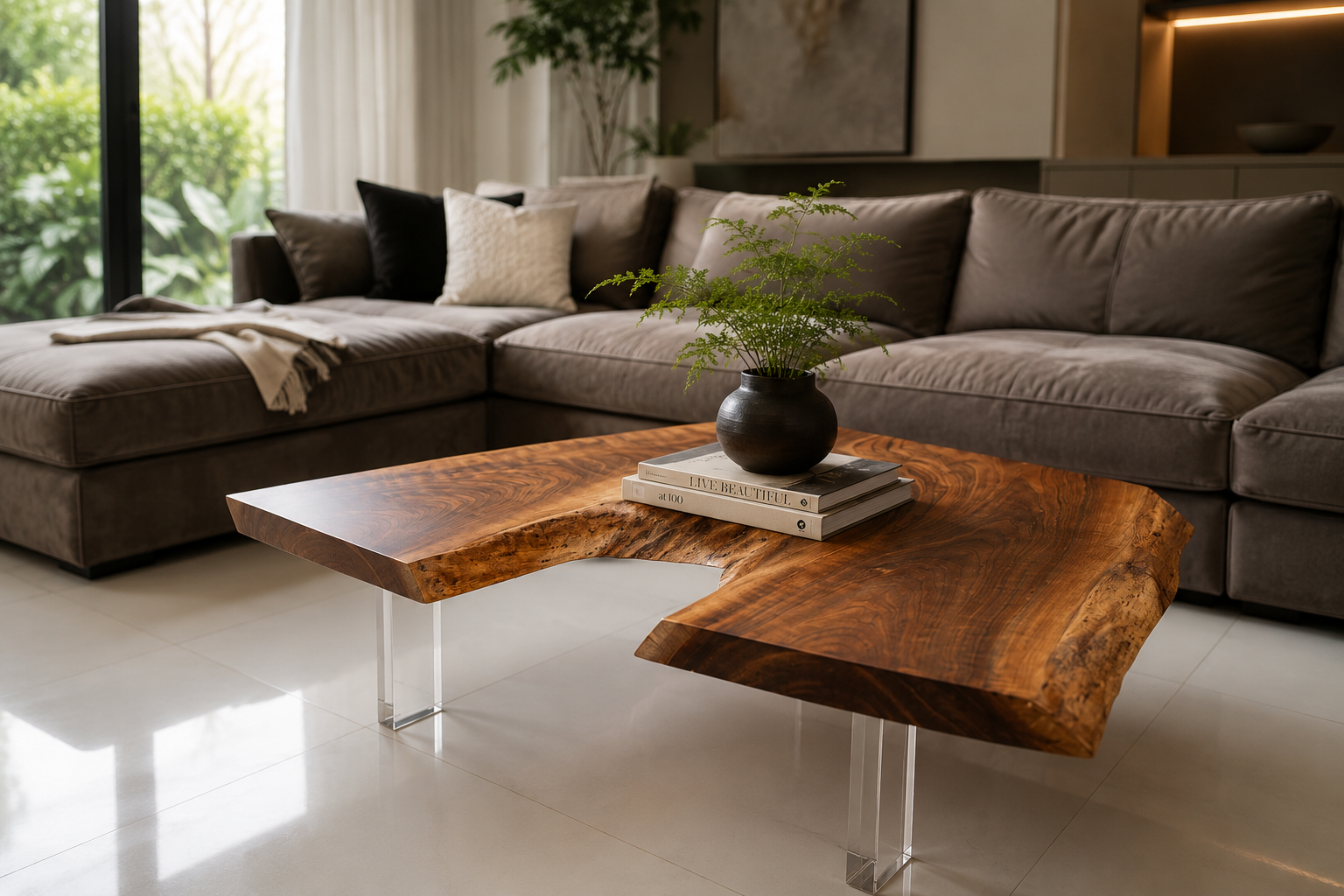 Small Live-Edge Coffee Table
Natural slab on a clear acrylic base