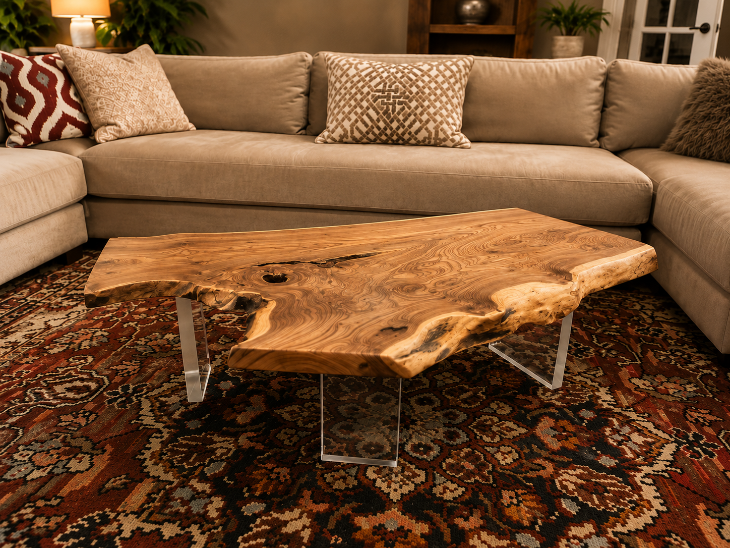 Live-Edge Coffee Table
Acrylic base, natural edge slab