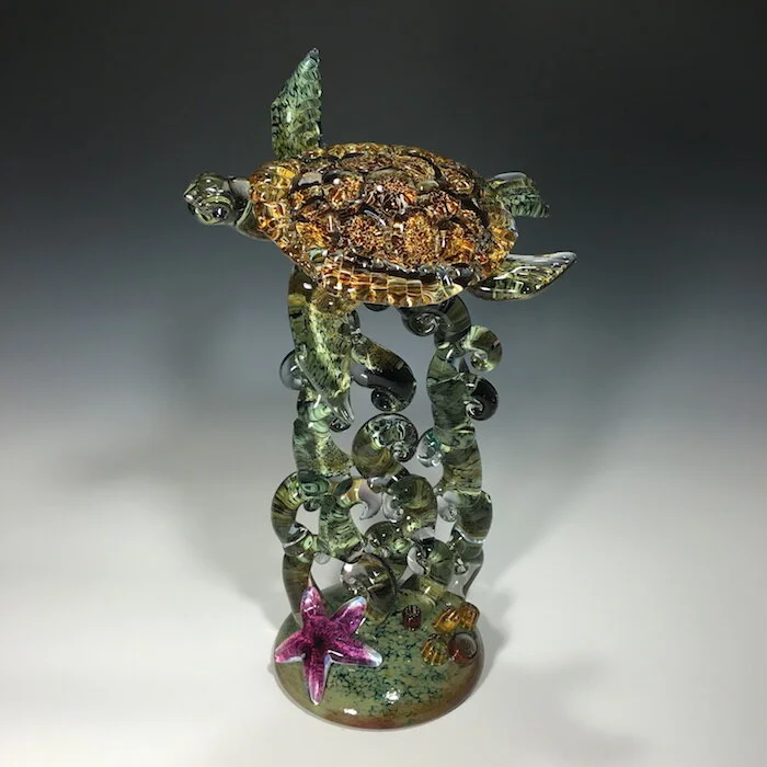 Glass Honu Coral Glass Scultpure by John Gibbons