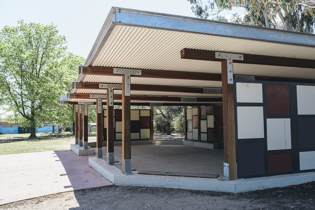 Recycled timber posts in public park structure in Canberra