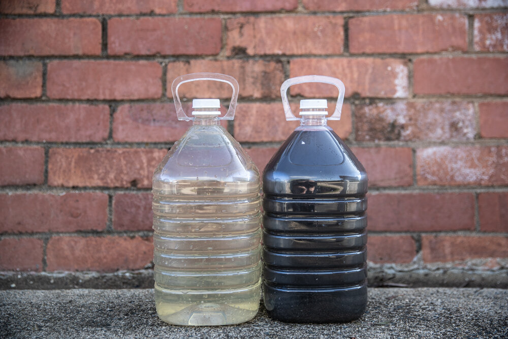  Water samples collected from the Bargo River. The clear water collected on the left was collected upstream of the Tahmoor Colliery in June 2020. The black water on the right was collected on the same afternoon from the point where the runoff from th
