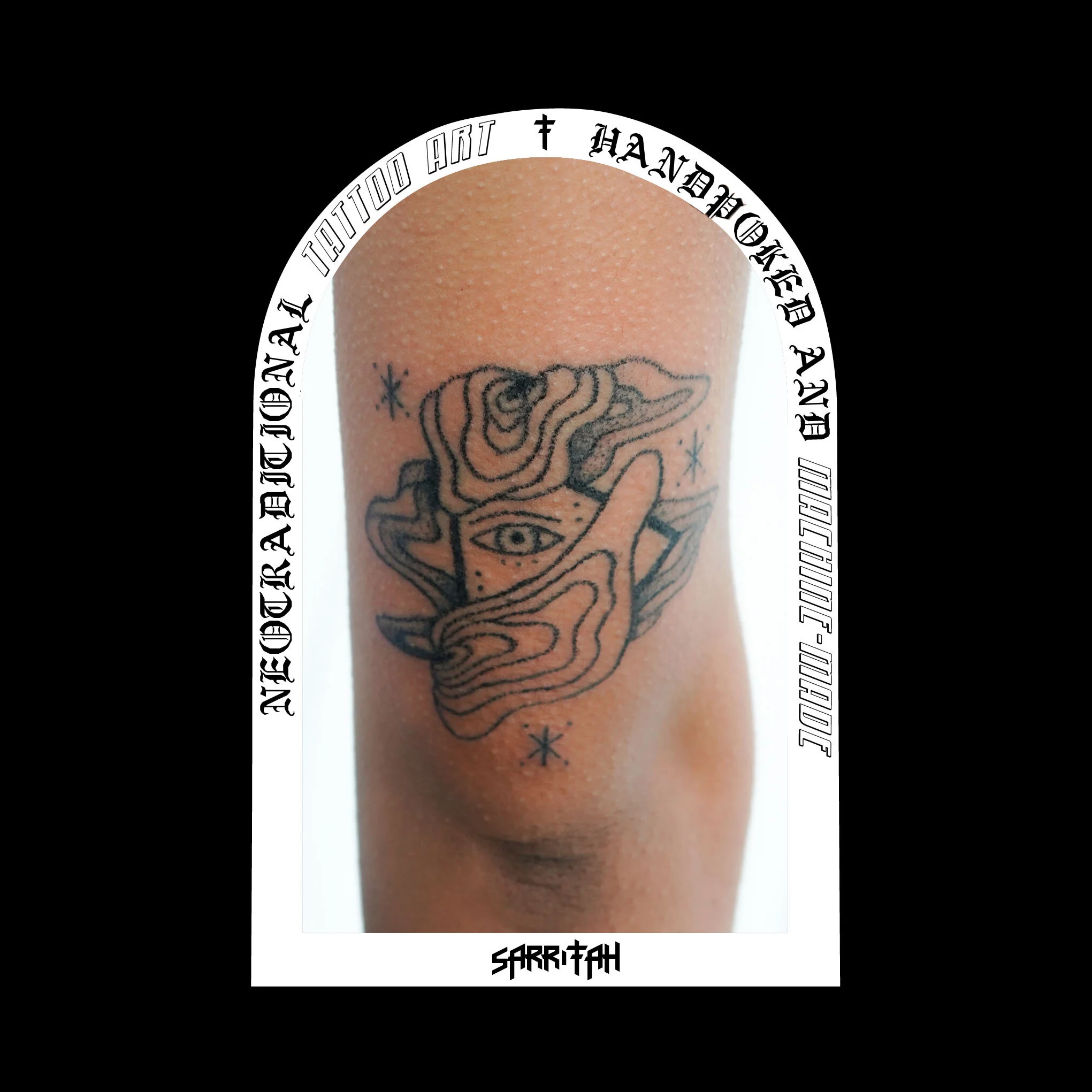 Tattoo of an eye surrounded by abstract shapes and stars on skin, with text reading 'NeoTraditional Tattoo Art Handpoked and Machine-Made'.
