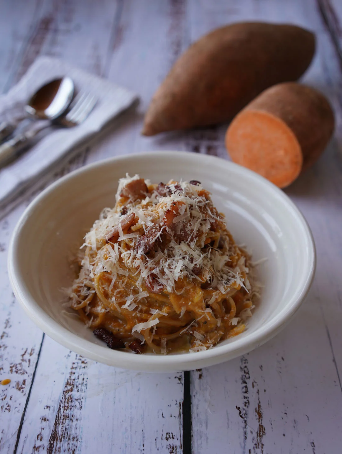 Healthier Sweet Potato and Spelt Carbonara