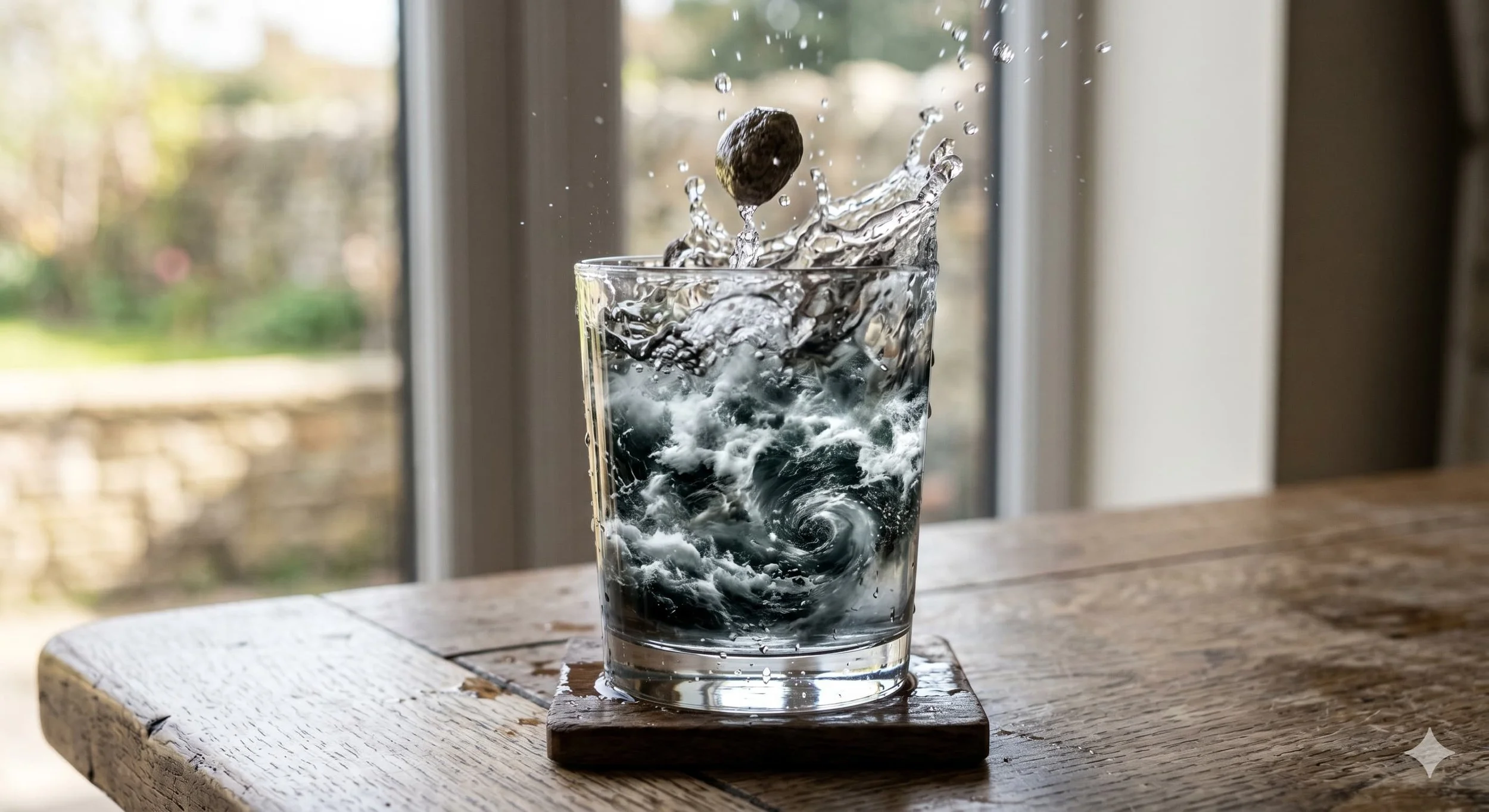 Glass of water with storm in it while a stone falls into it