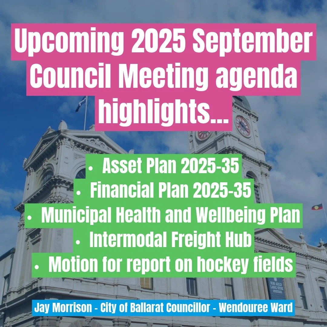 🏛️ Council Meeting Sneak Peek! Here&rsquo;s a quick look at some of the key items coming up at this Wednesday&rsquo;s @cityofballarat meeting (24 Sept, 6:30pm at Town Hall). 

📑 Asset Plan 2025&ndash;35

&bull; $2.18 billion worth of community asse