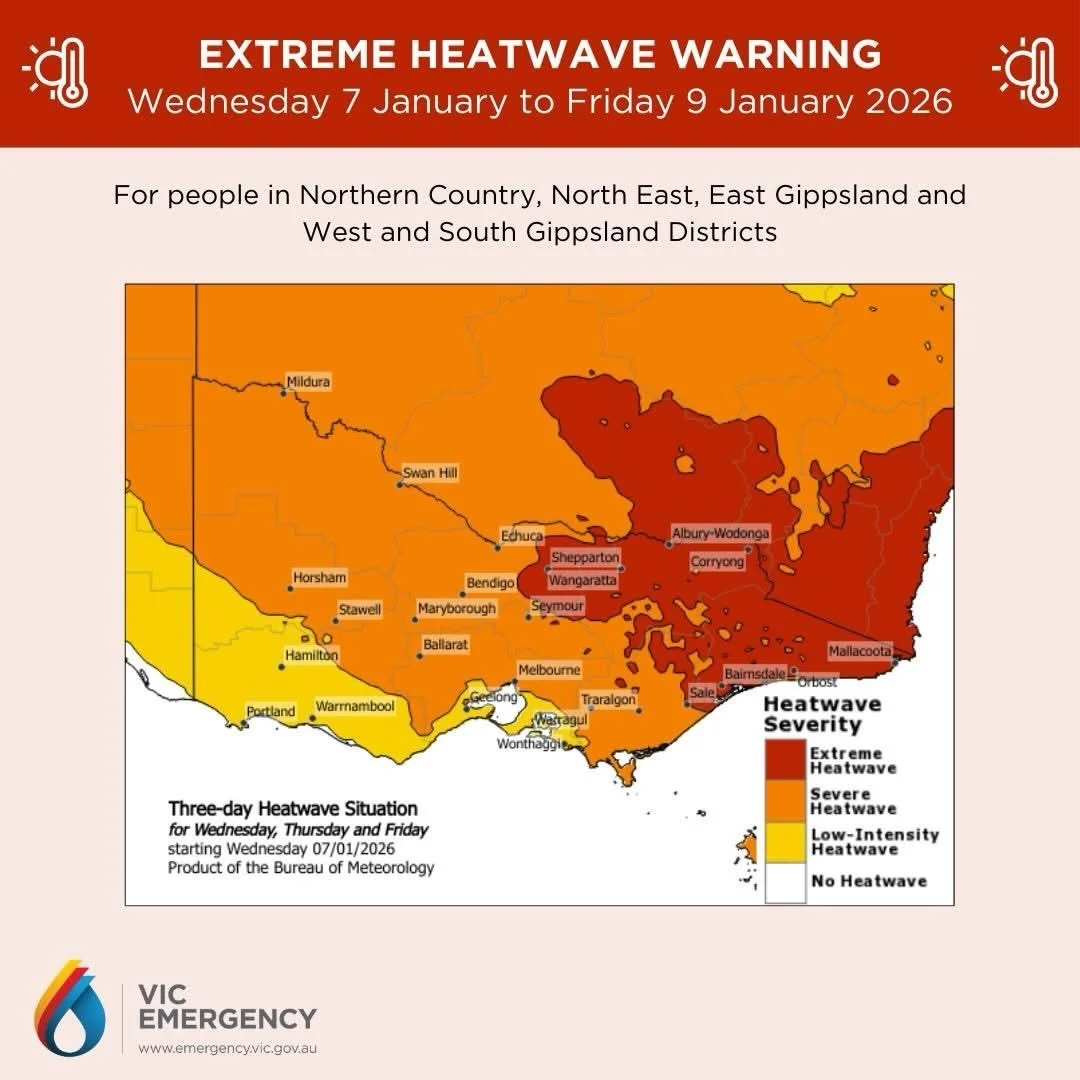 🔥 HEATWAVE ALERT &ndash; stay safe, Ballarat!

⚠️ The next few days are going to be extremely hot - over 40 degrees! Please take care of yourself and others:

✅ Stay hydrated &ndash; Drink plenty of water, even if you&rsquo;re not thirsty 💧
✅ Keep 