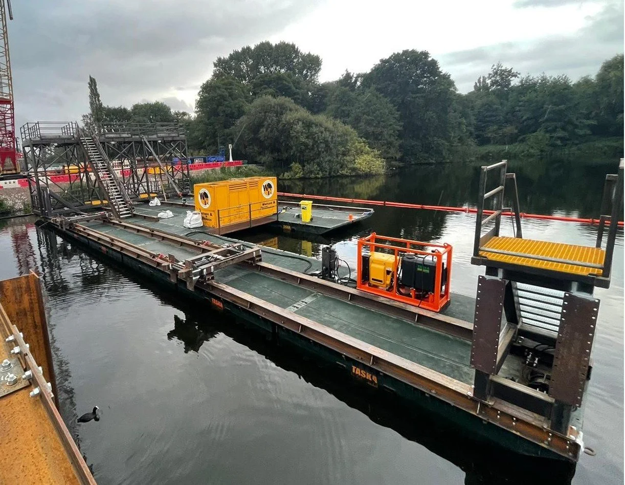 A large modular piling gate on nato pontoon barge