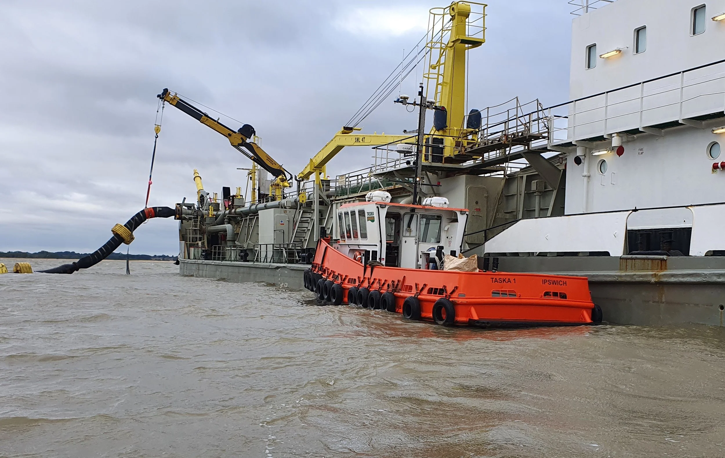 Support craft for dredging works to replenish areas of coastal erosion using Beneficial Use of Dredged Sediment (BUDS)