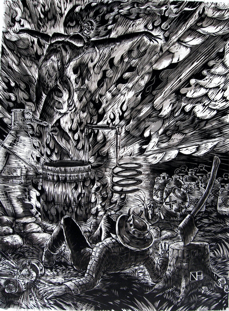    Delta Oracle  , woodcut / India ink washes, 32” x 24” 