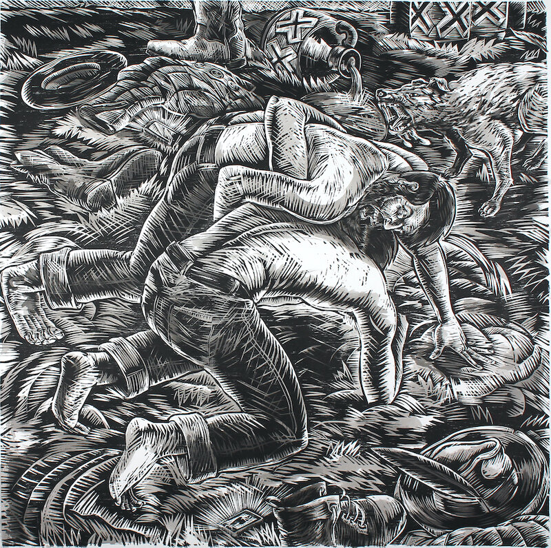    Rival Sons  , woodcut / India ink washes, 24” x 24” 
