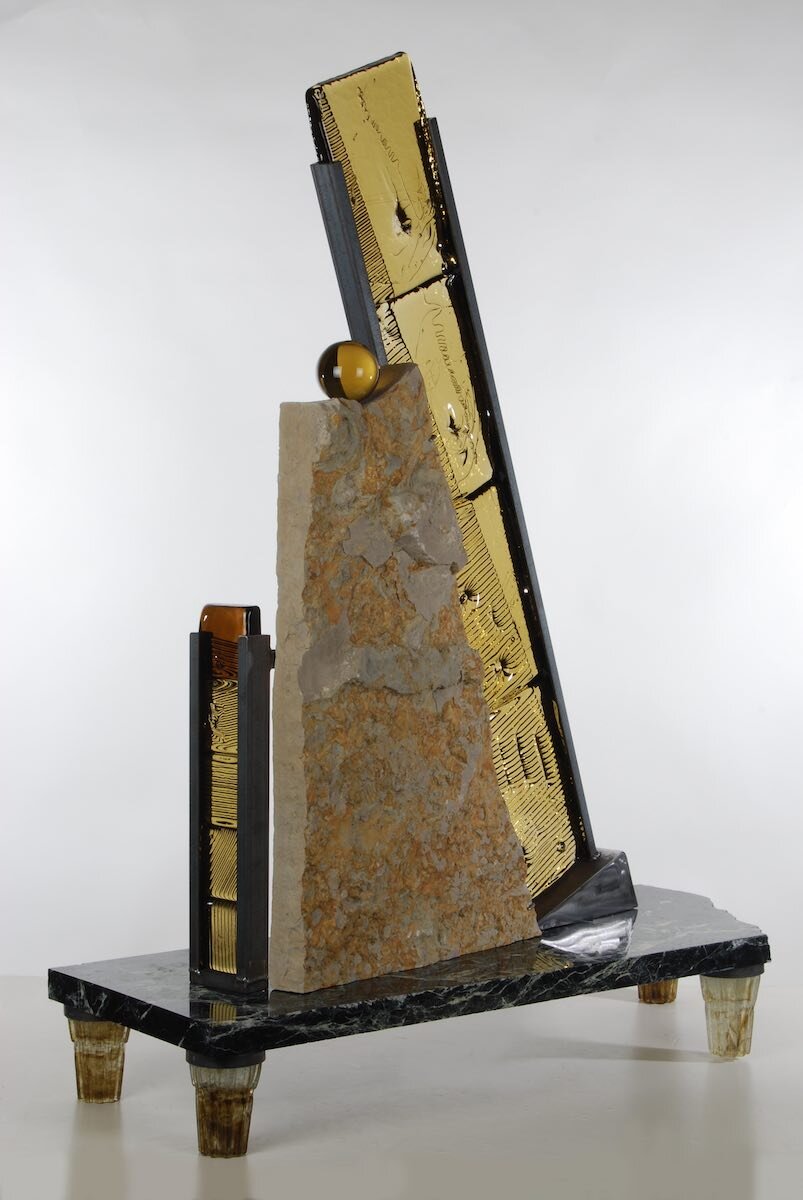    Seismic Event  , 41” x 33” x 12”, glass / steel / limestone / marble 