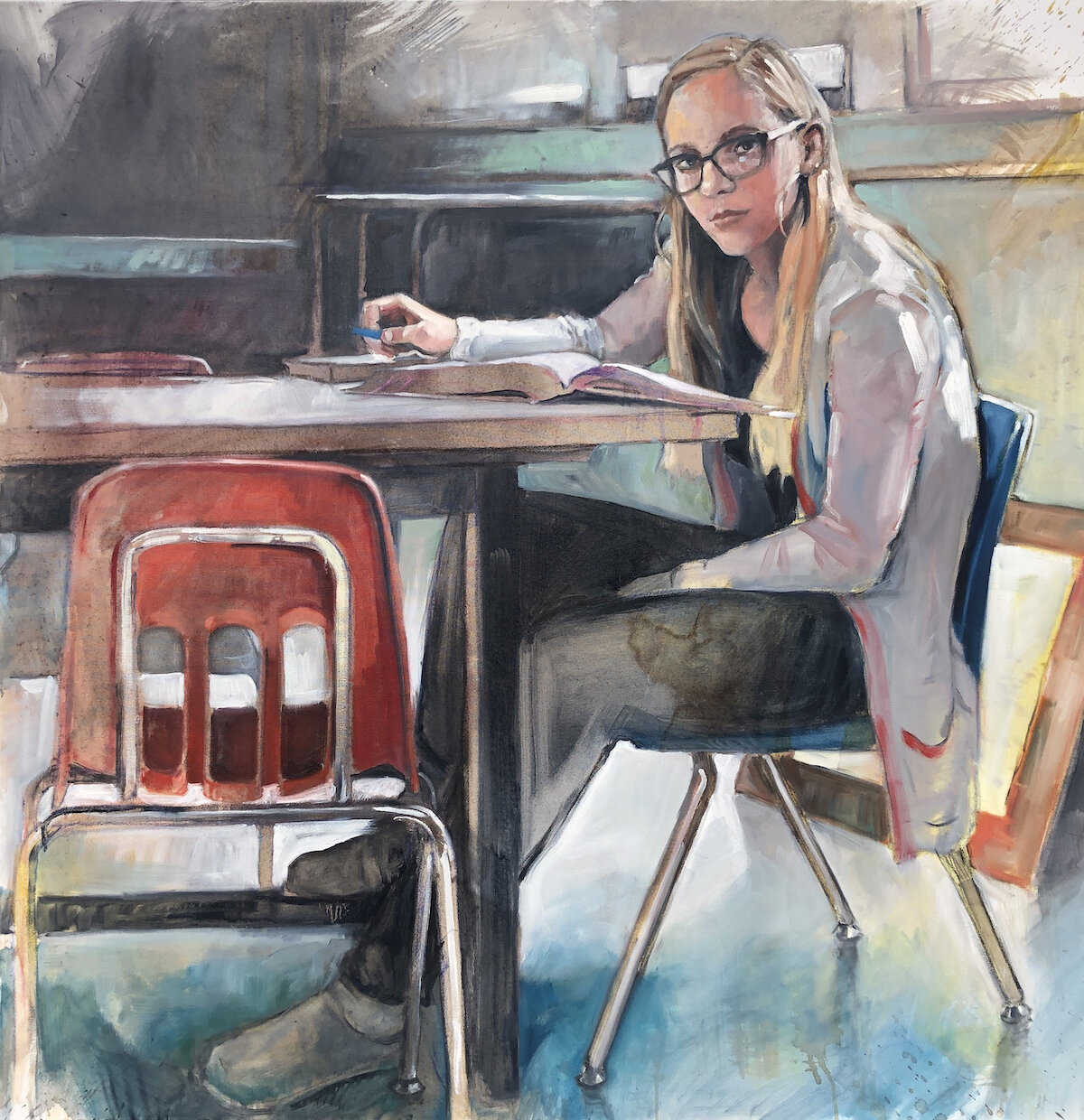    Anna and the Lone Orange Chair  , 48” x 48”, watercolor and pastel on paper 