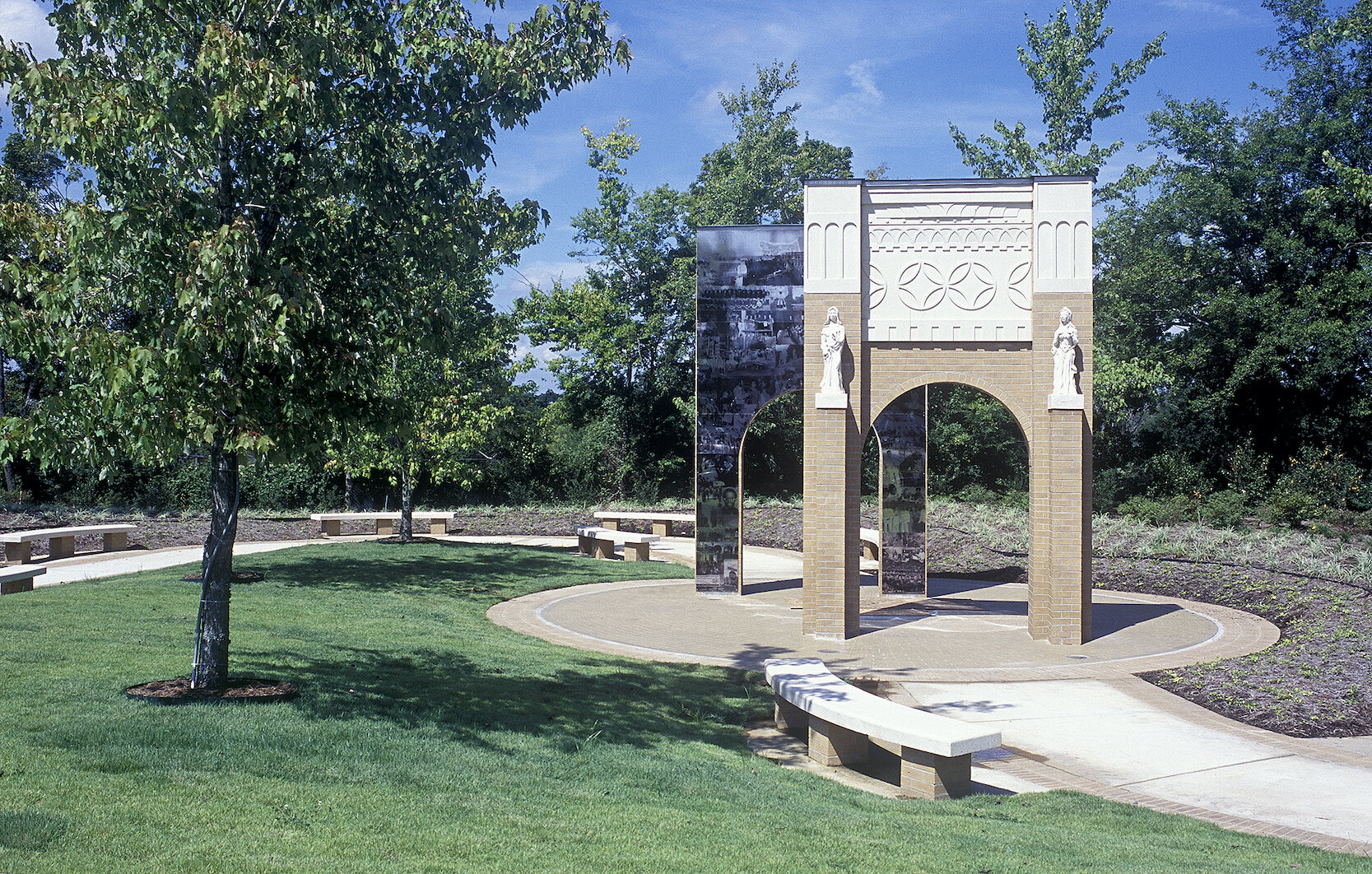   Commemorative Garden ,  15’ x 150’ x 150’, precast concrete, brick, stainless steel, Lexan plastic, trees and shrubs, a collaborative with artist Aaron P. Hussey, National Park Service, Little Rock, AR, 2001 