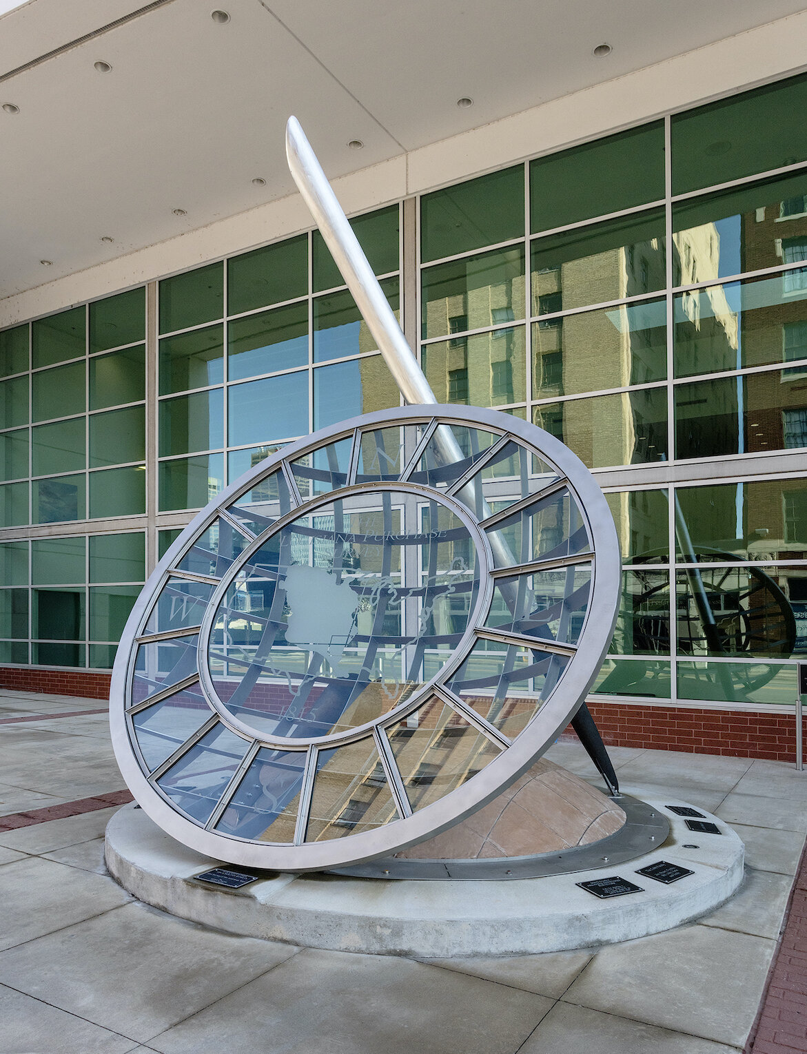   Straight Lines on a Round World ,  21’ x 15’ x 15’, stainless steel, tempered glass, cast bronze and concrete, a collaborative with artist Aaron P. Hussey, Little Rock Convention Center, 2017 