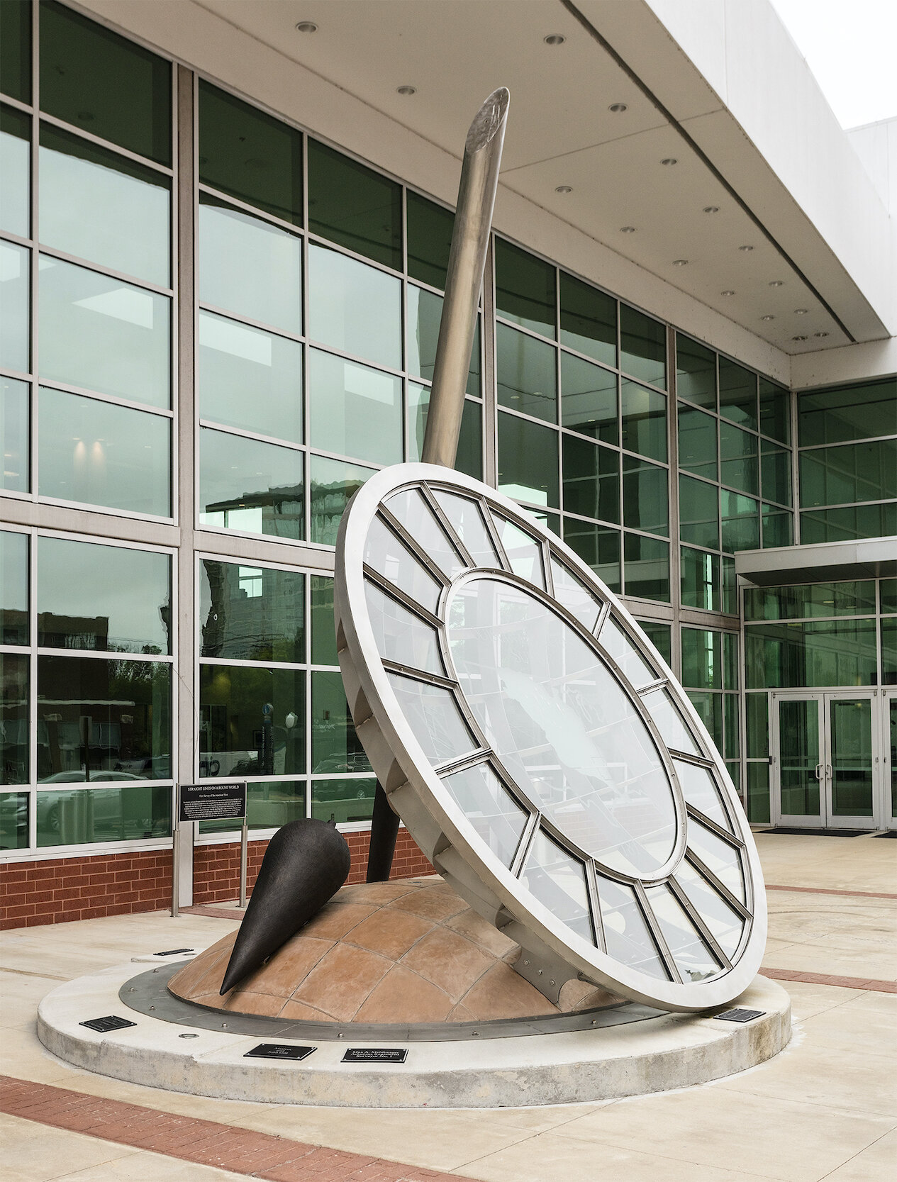   Straight Lines on a Round World , 21’ x 15’ x 15’, stainless steel, tempered glass, cast bronze and concrete, a collaborative with artist Aaron P. Hussey, Little Rock Convention Center, 2017 