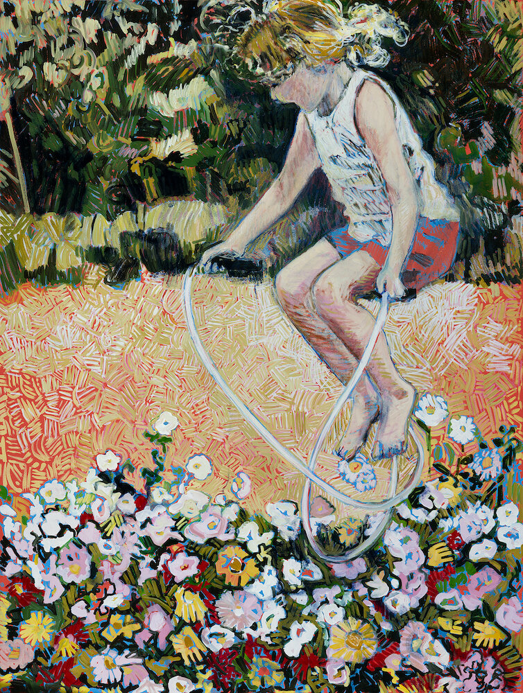    Jump with Zinnias  , oil on canvas, 48” x 36” 