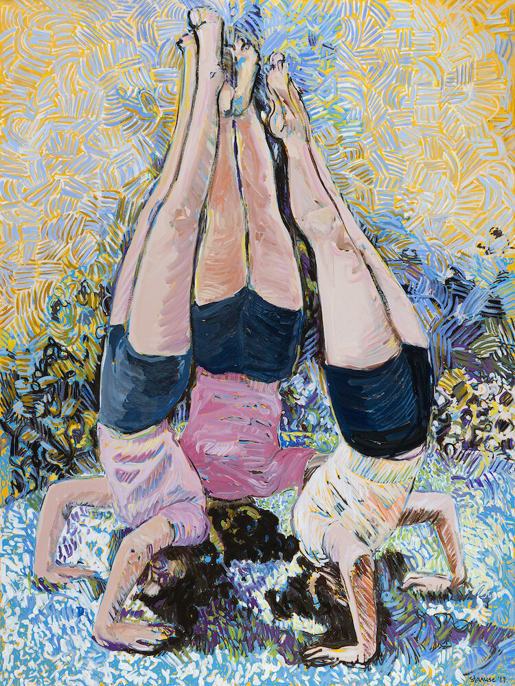    Triple Headstand with Blue and Yellow  , oil on canvas, 48” x 36” 