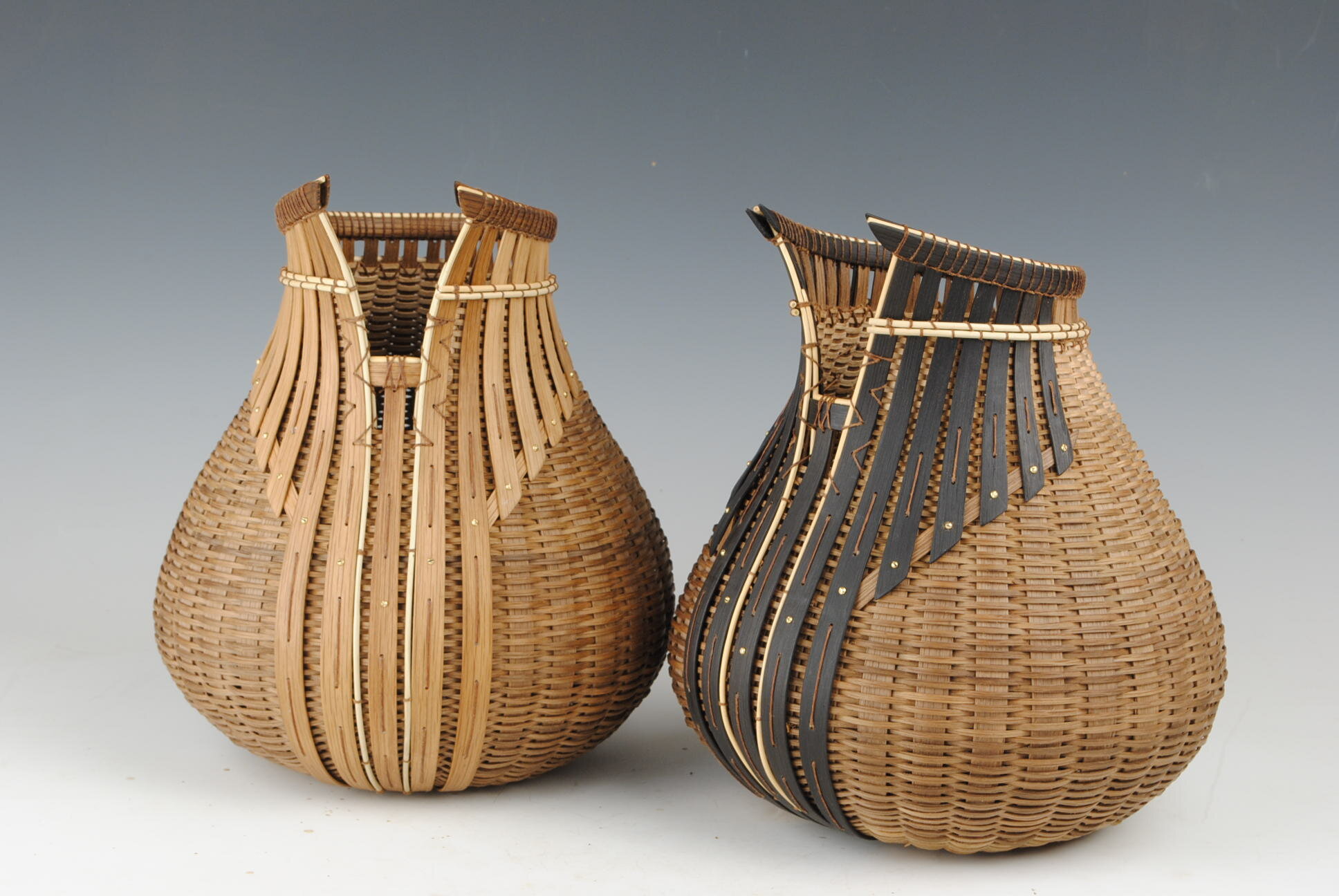    Woven Pots with Open Collar  , white oak and natural dyes, mini machine screws, stitched with linen thread, each 12”H x 10”D 