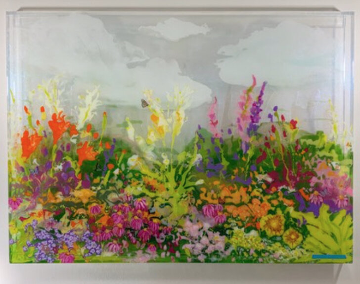    One Dozen Butterflies  , paint and colorants on a five-sided acrylic box with French cleat, 48” x 60” 