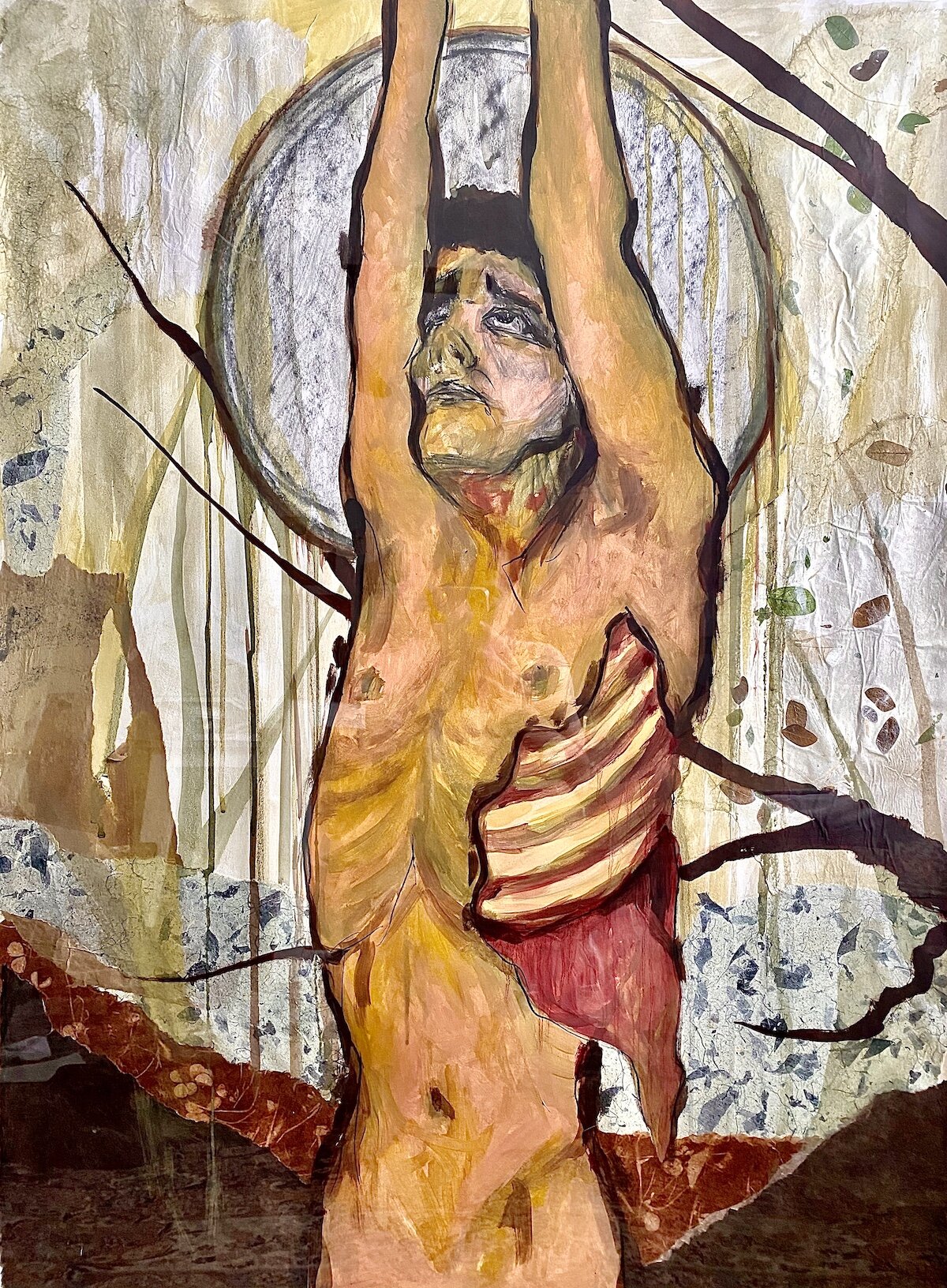    Saint Bartholomew  , oil, charcoal, found paper, watercolor - on paper, 40” x 30” 