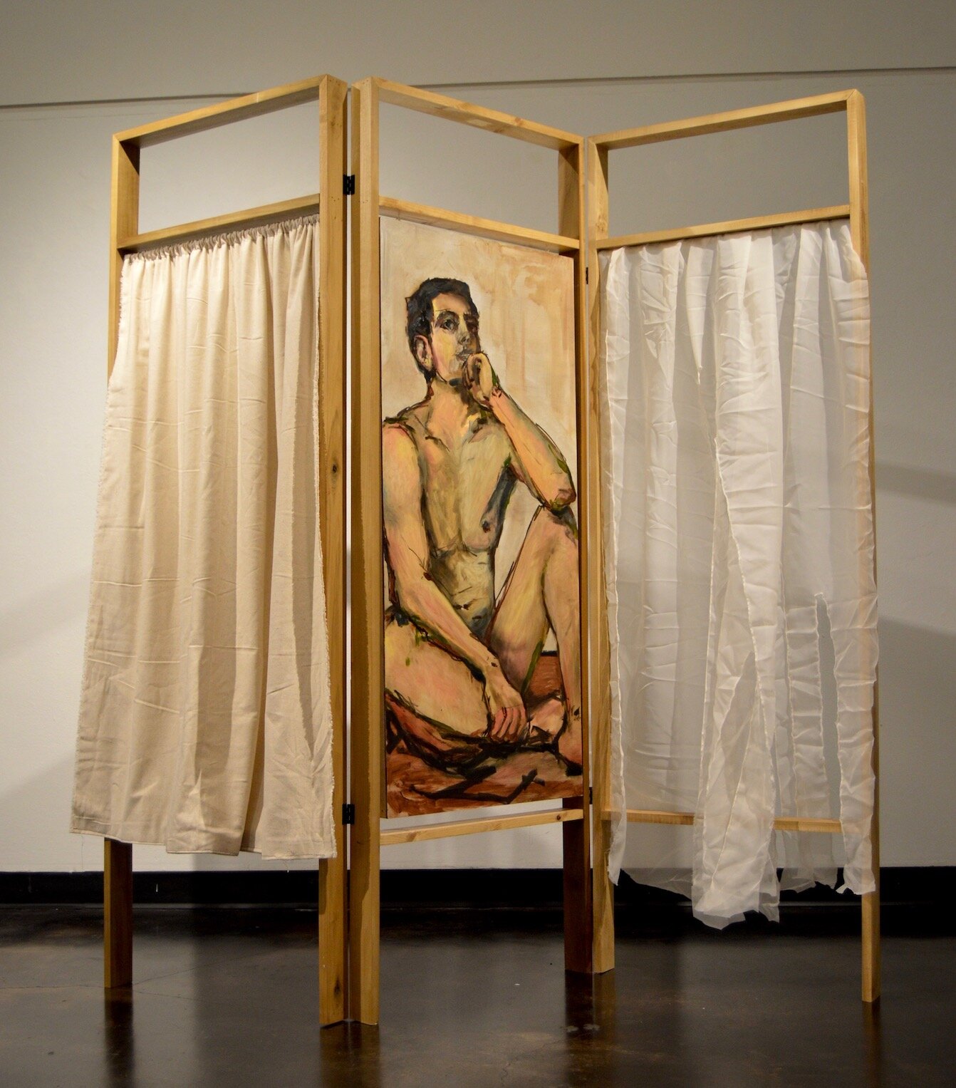    Body Screen  , oil, wood, textiles, 72” tall, adjustable width 