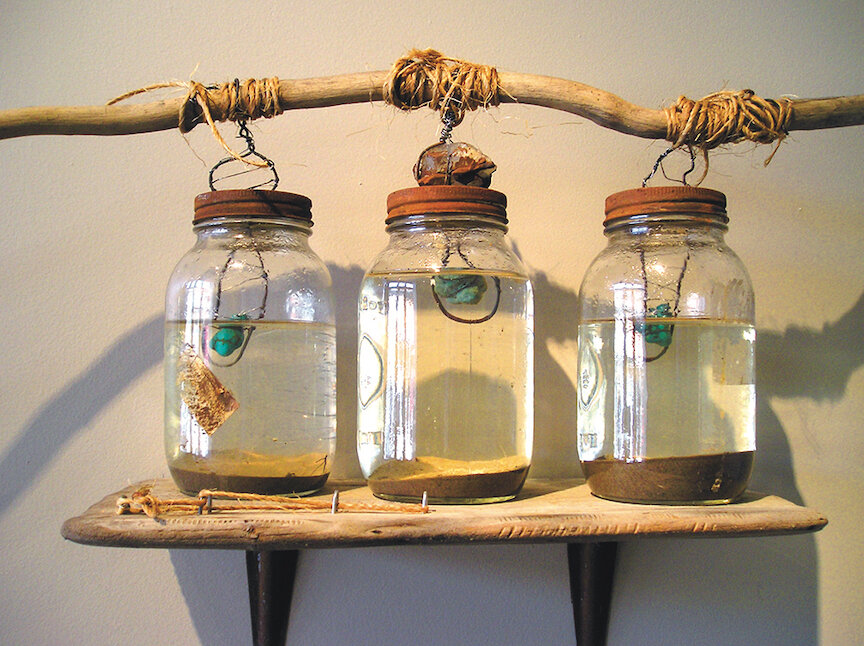    Tripure  , 20” x 36”, mason jars, turquoise, crystals, jute, water 