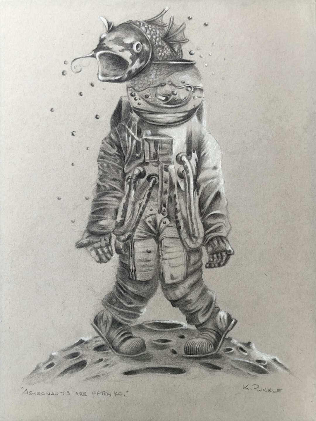    Astronauts Are Often Koi  , pencil on toned paper, 12” x 9” 