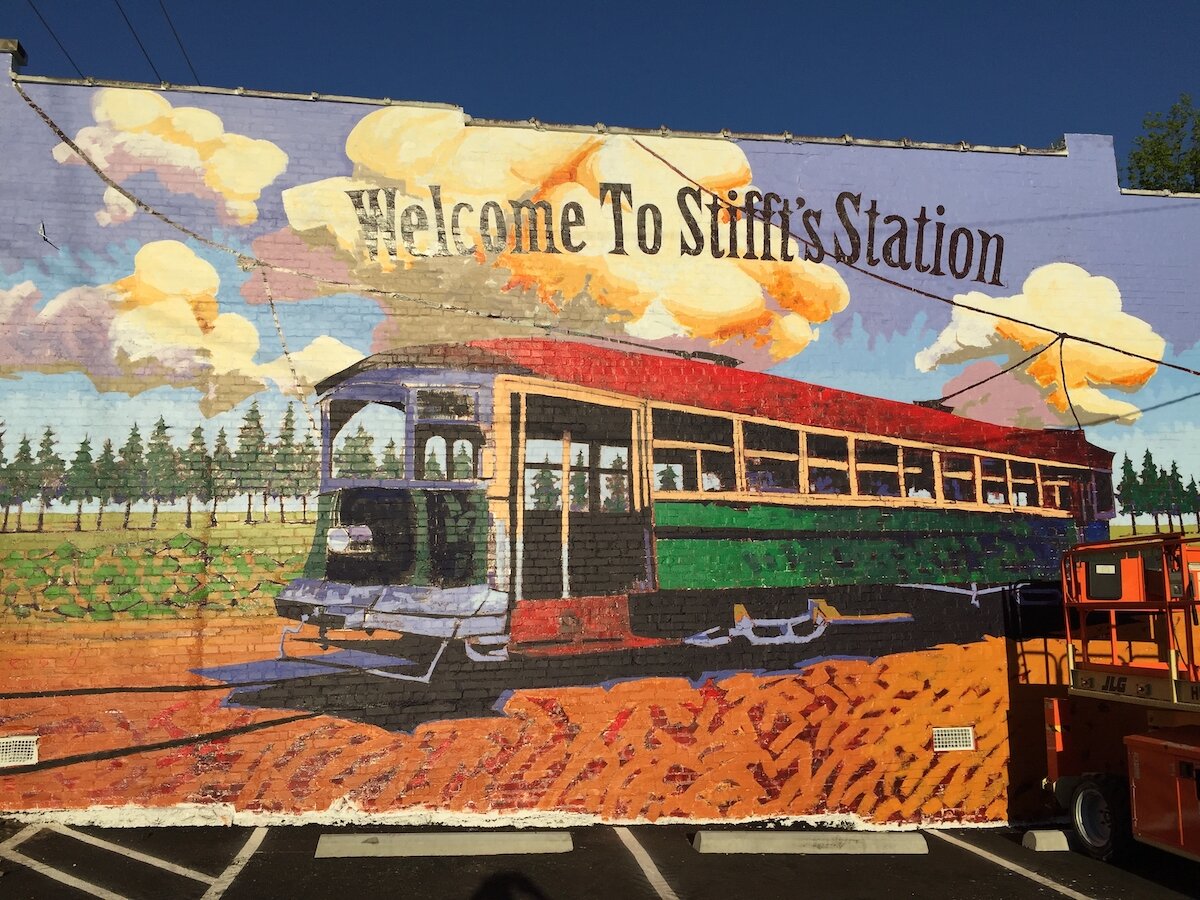    Trolley Line   ,  Stifft’s Station mural, Little Rock, Arkansas, 20’ x 50’, acrylic on brick 