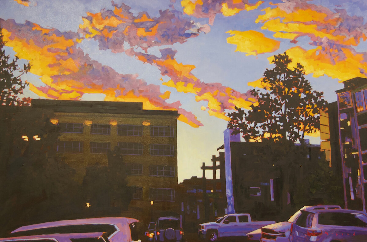   365 Sunsets Series: #4, CALS Main Library, Little Rock, AR  , 40” x 60”, oil on canvas. 