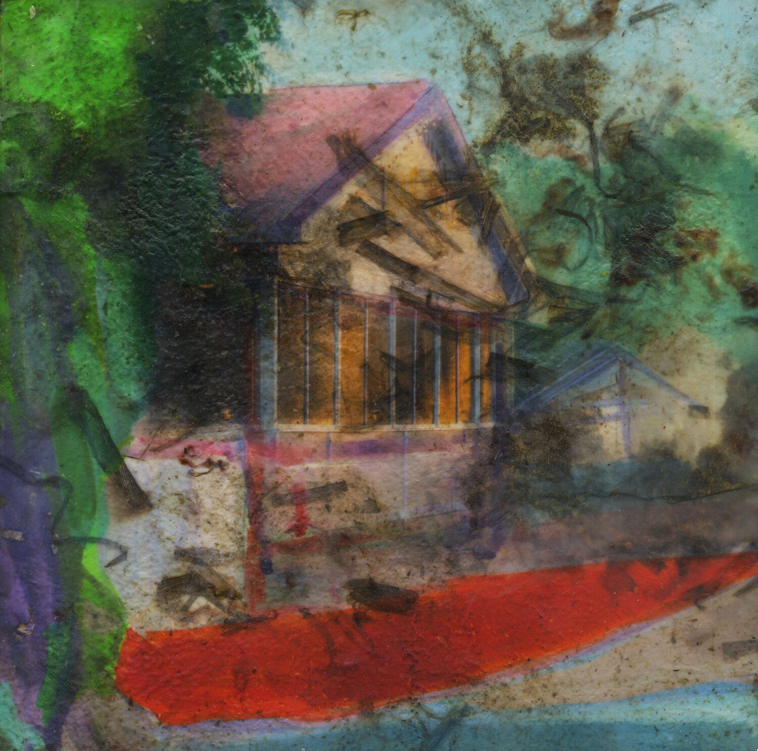    Elm (house)  , pigment print on handmade cotton paper, oil and encaustic on board, 12” x 12” 