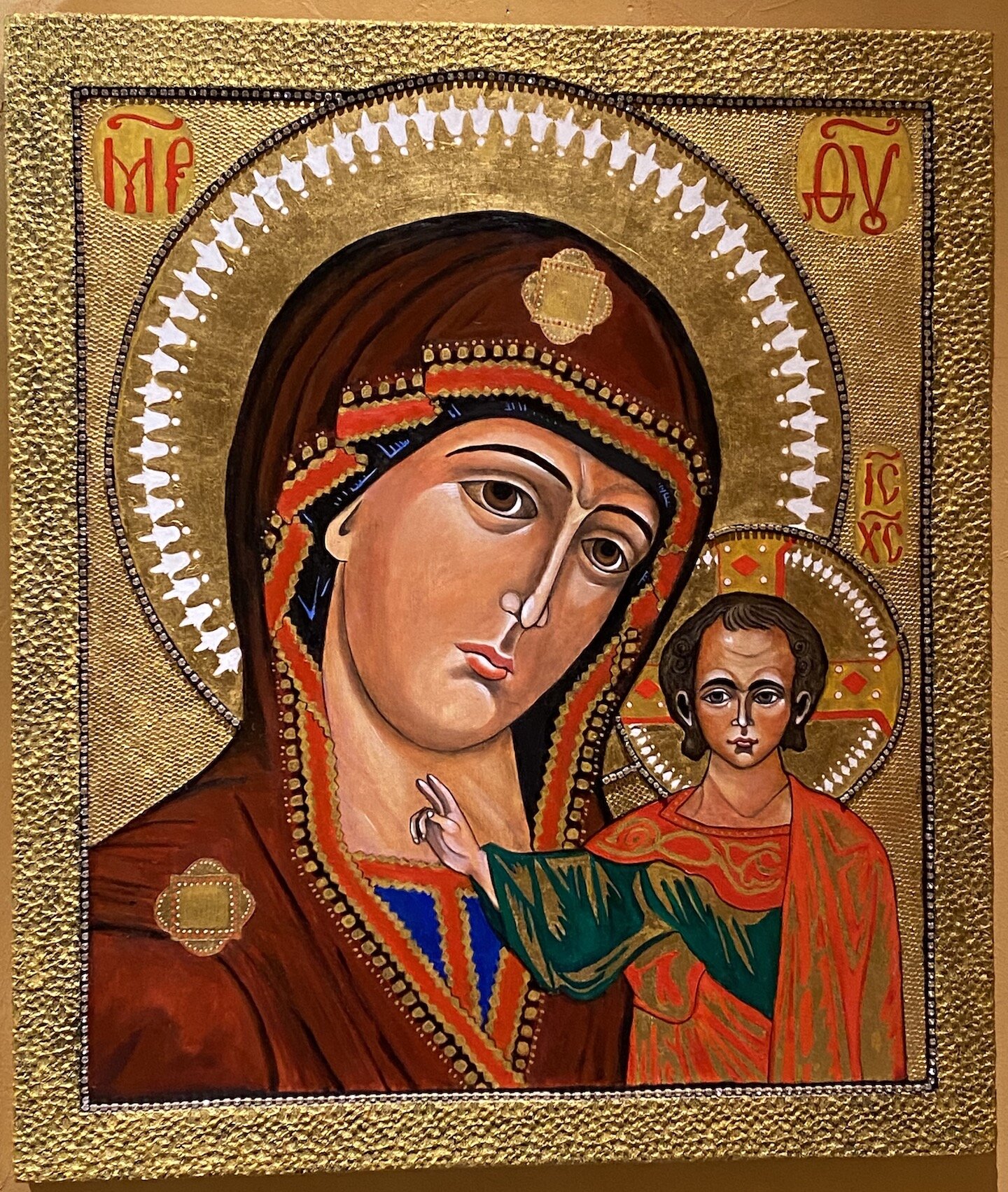   Icons  by Gaudin   Madonna and Child  , 30” x 30”, oil, gold leaf, crystals on wood 