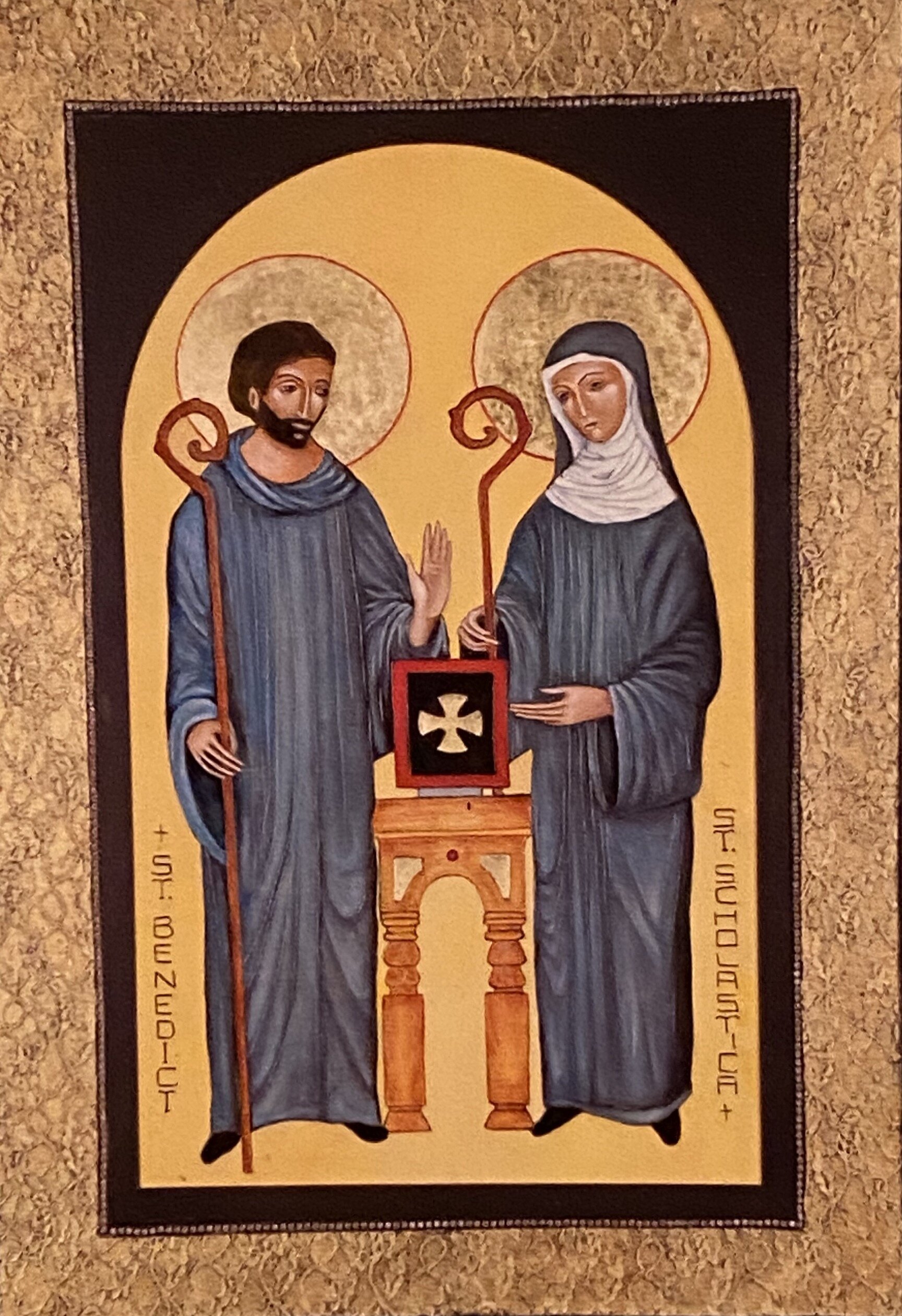    St. Benedict and St. Scholastica  , 48” x. 36”, oil and gold leaf on wood, entrance to the Chapel 
