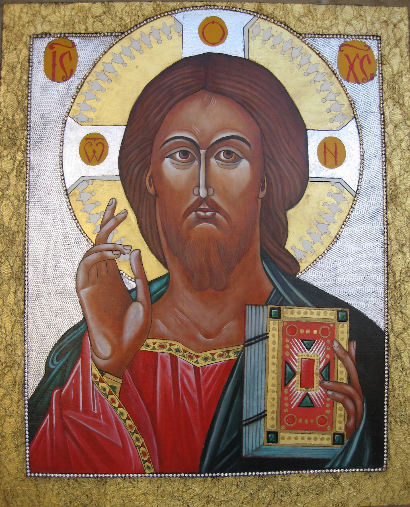    Christ Pantocrator  , 48” x 36”, oil, gold leaf, crystals on wood, doorway to the Chapel 