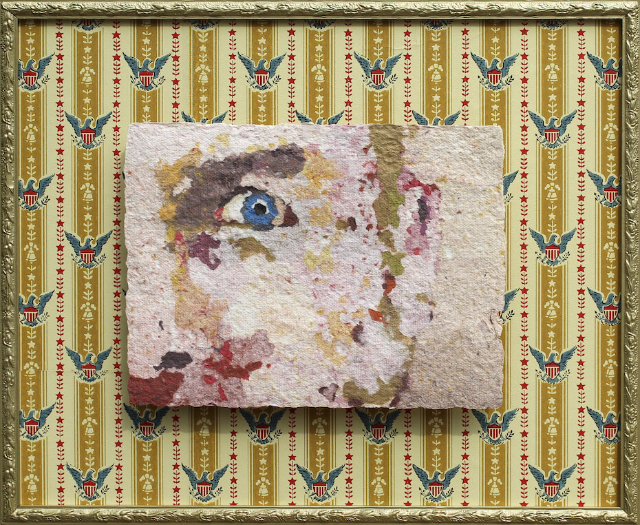    Rosebud Moments in Paper Planes No. 5  , pigmented cotton linter pulp, vintage wallpaper mat, found frame, gold spray paint, 28.5” x 23.5” 