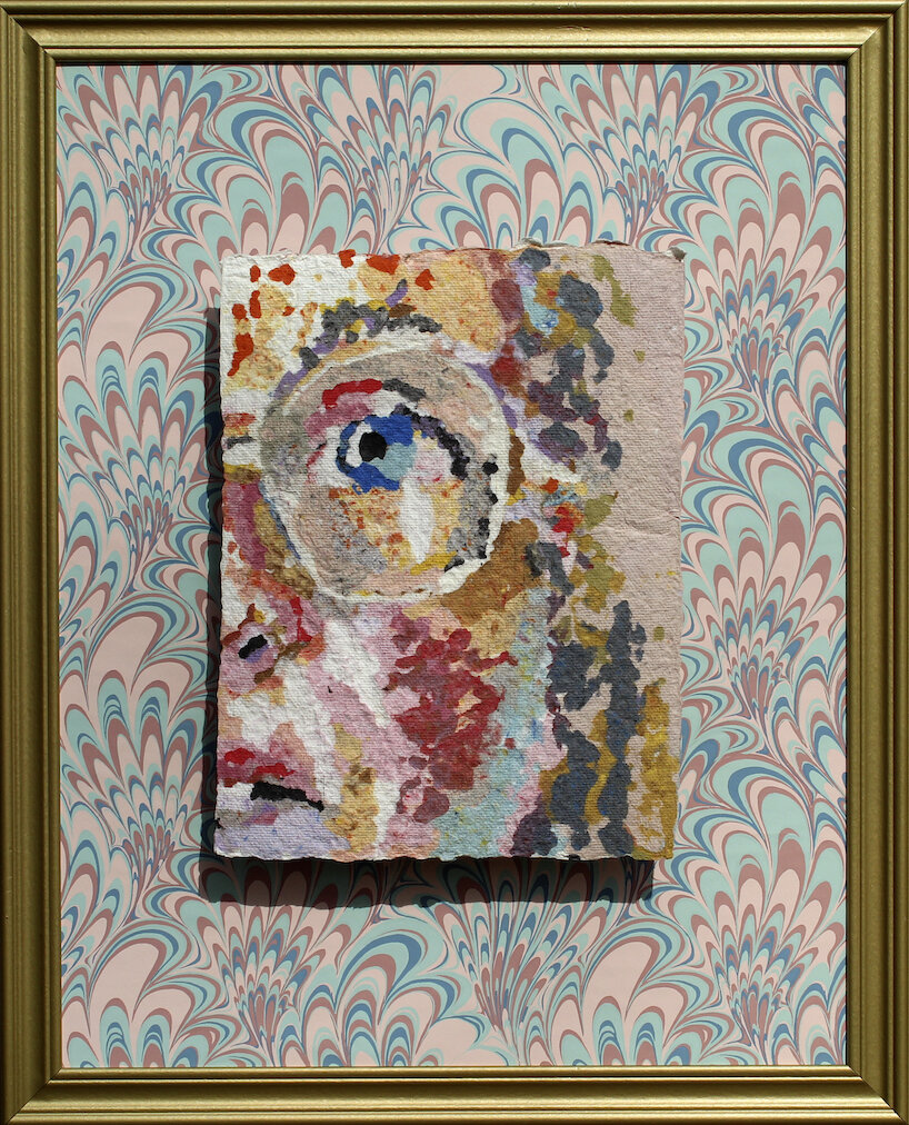    Rosebud Moments in Paper Planes No. 2  , pigmented cotton linter pulp, vintage wallpaper mat, found frame, gold spray paint, 32.5” x 25.5” 