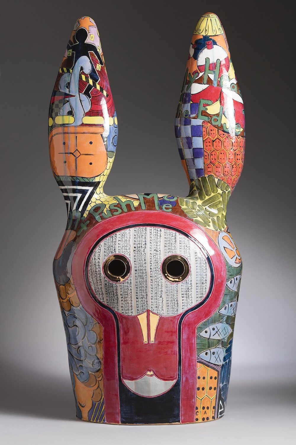    Da Rabbit  , 40” x 18” x 10”, stoneware clay, underglaze, gold enamel 