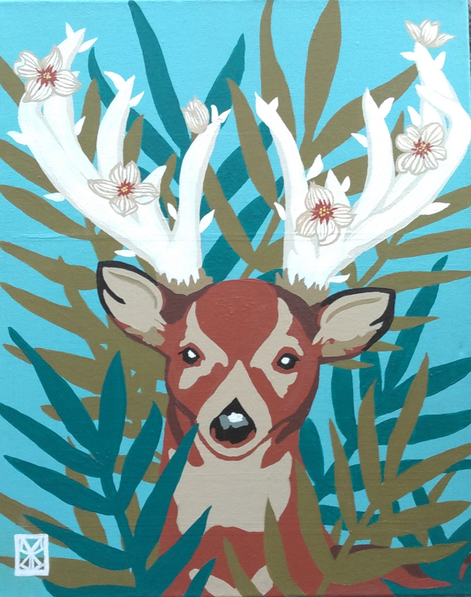    Dogwood Deer  , 14” x 11”, acrylic on canvas 