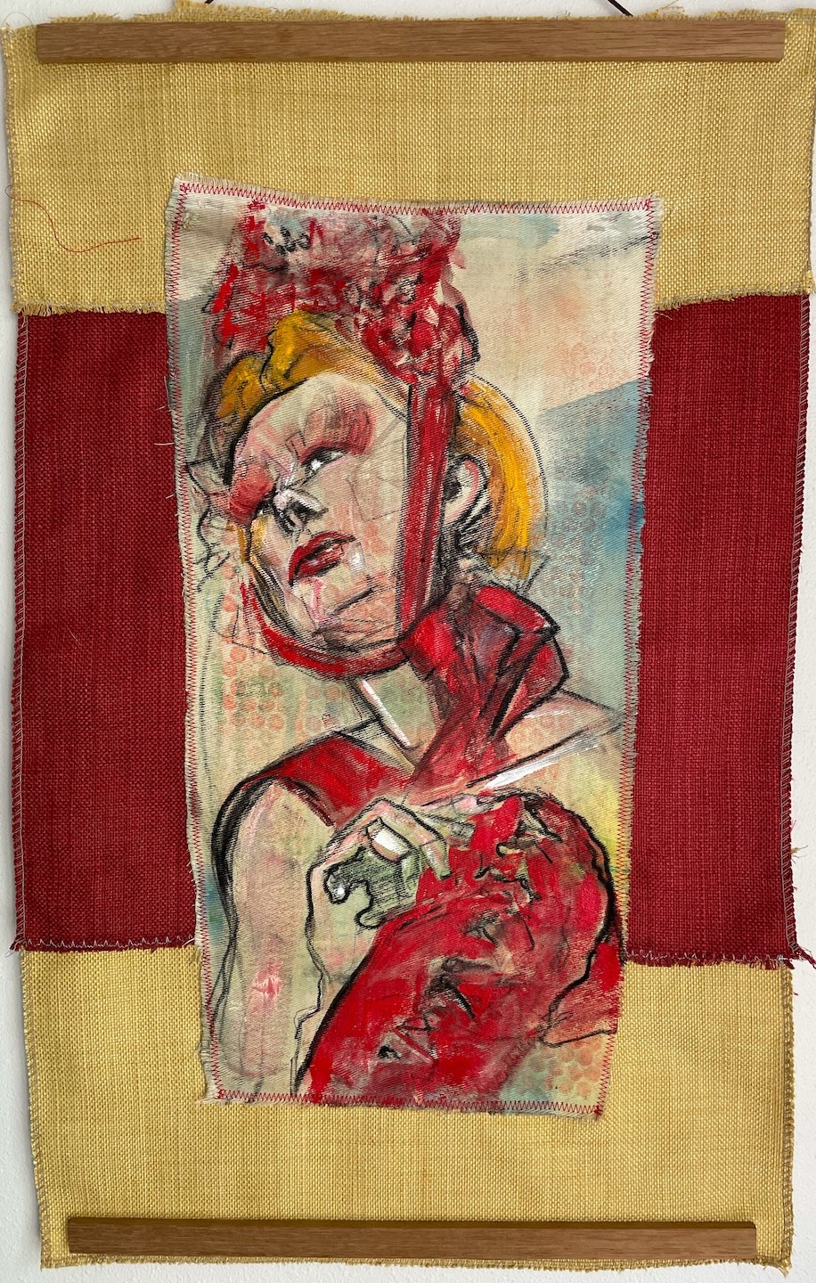    Dominant Red  , 23” x 17”, acrylic and charcoal on monoprint canvas sewn onto reclaimed fabric 
