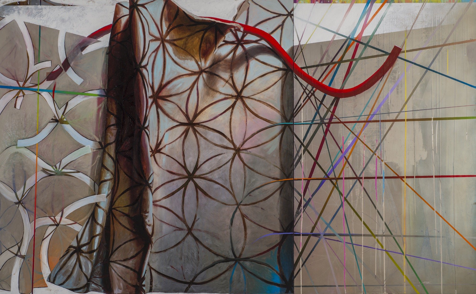    Correlated Divide  , 70” x 108”, oil acrylic, makeup, resin, graphite and enamel on canvas 