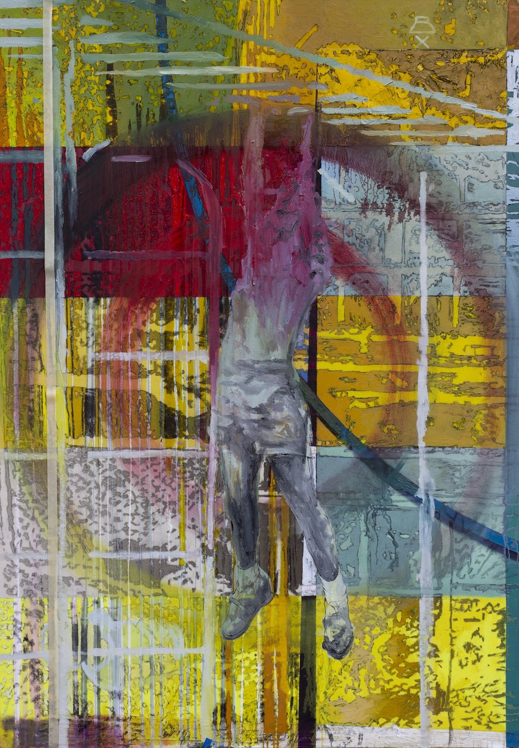    Climbing the Thread  , 70” x 43” oil, acrylic, makeup, resin, charcoal, graphite, enamel and masking tape on canvas 